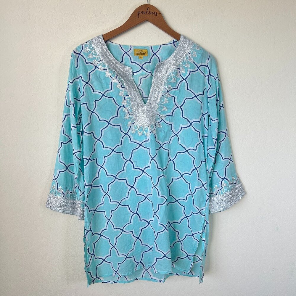 Roberta Roller Rabbit Top Womens Small Blue Silver Metallic Embroidered Tunic S